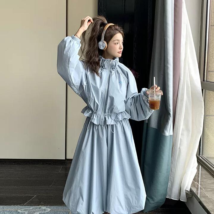 蓝色抽绳设计感花苞立领夹克套装女时髦洋气减龄收腰半身裙两件套