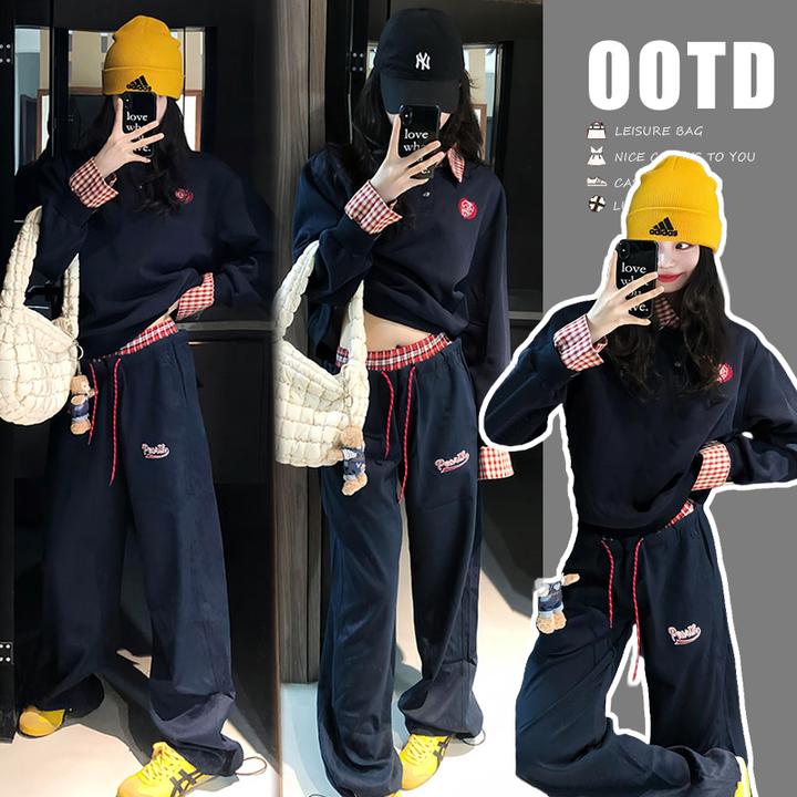 孕妇装女2025潮款时尚美式复古休闲撞色格子拼接上衣抽绳阔腿秋装