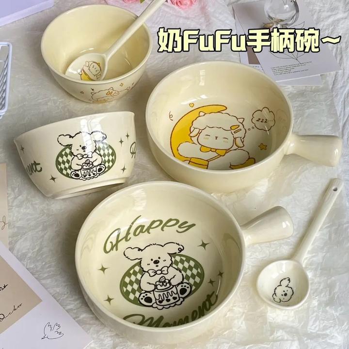 奶油修狗餐具可爱独居高颜值釉下彩陶瓷泡面碗手柄碗饭碗勺筷yj