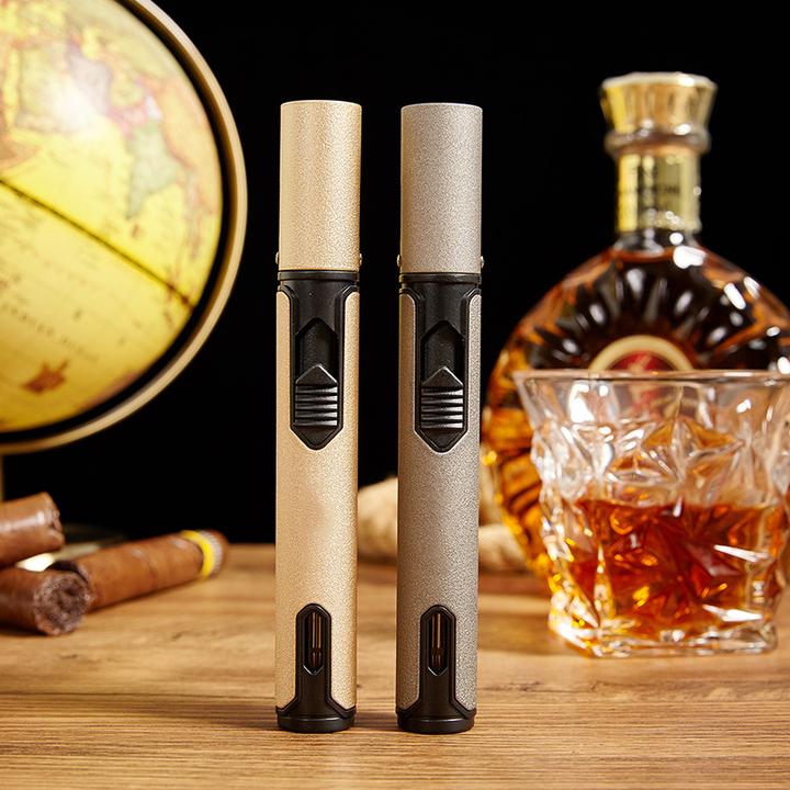 个性时尚雪茄打火机磨砂单直冲蓝火焰便携充气点火器可放便携盒套