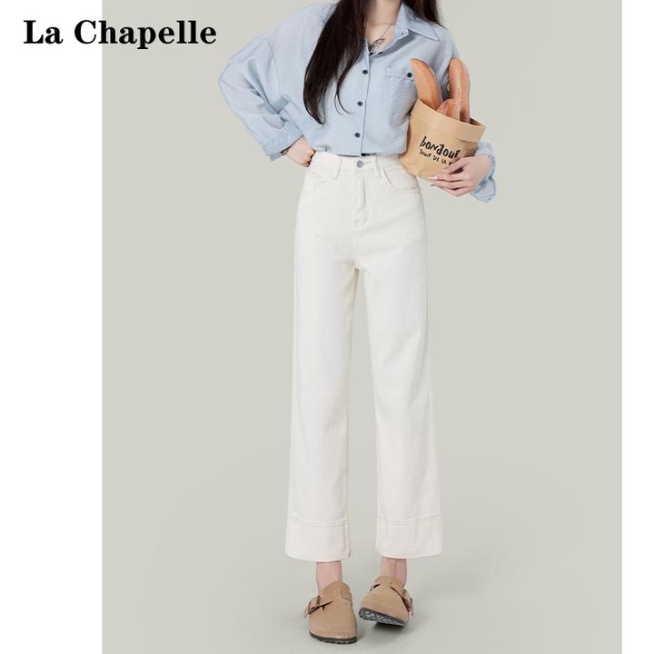 拉夏贝尔白色加绒高腰直筒牛仔裤女2025秋冬新款小个子九分烟管裤