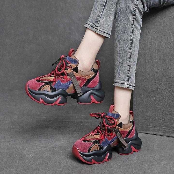 万达撤柜头层牛皮老爹鞋女秋冬新款加绒厚底小个子松糕运动鞋潮in