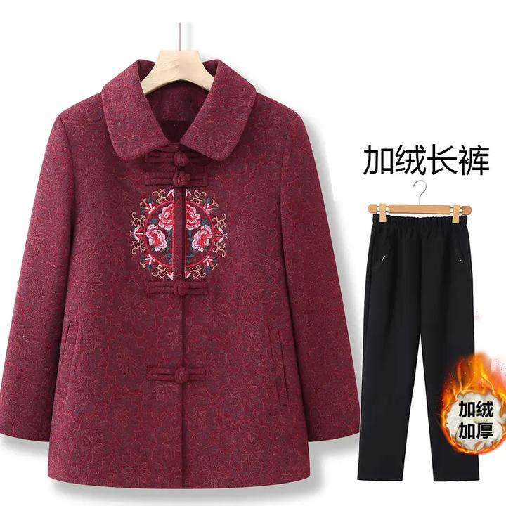 妈妈装冬装新款刺绣加绒外套女奶奶装冬季加厚保暖上衣老年人衣服