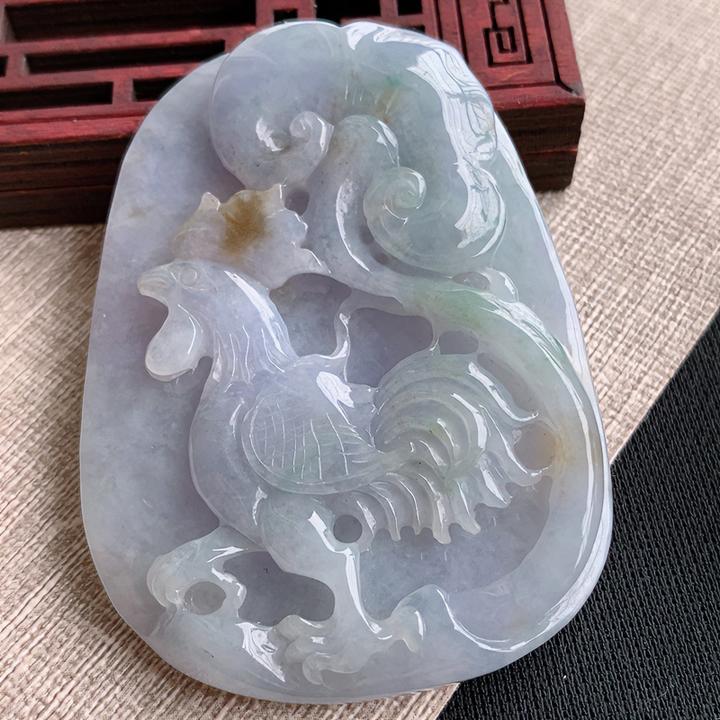 缅甸纯天然翡翠A货正品玉佩玉牌老坑紫罗兰洒金花公鸡吊坠俏色