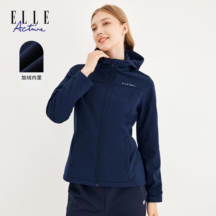 ELLE Active秋冬新款户外运动休闲连帽外套女拉链加绒加厚款保暖