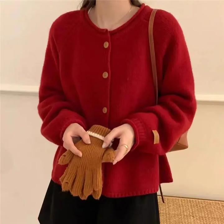 【卷边领开衫】秋冬新款韩版卷边圆领纯色针织开衫外套毛衣女长袖