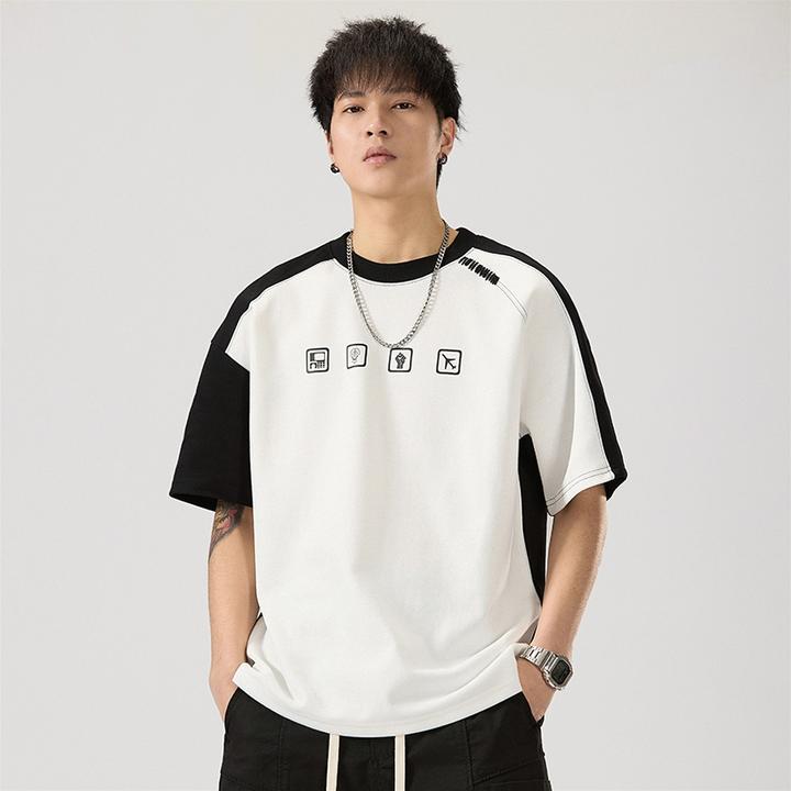 【TEXUEB】插肩袖拼接短袖男重磅260g印花宽松圆领百搭休闲T恤潮