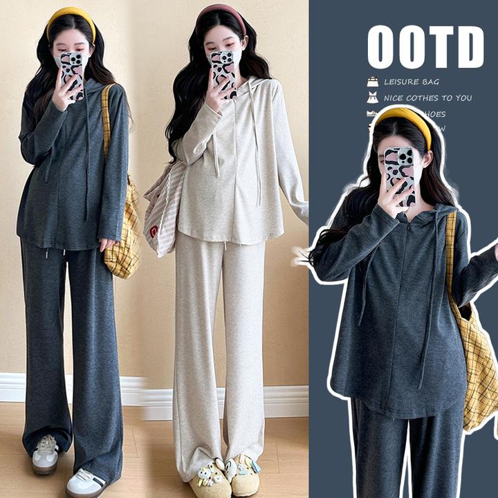 2024新款秋款孕妇装休闲运动孕妇慵懒风半拉链连帽上衣休闲裤套装