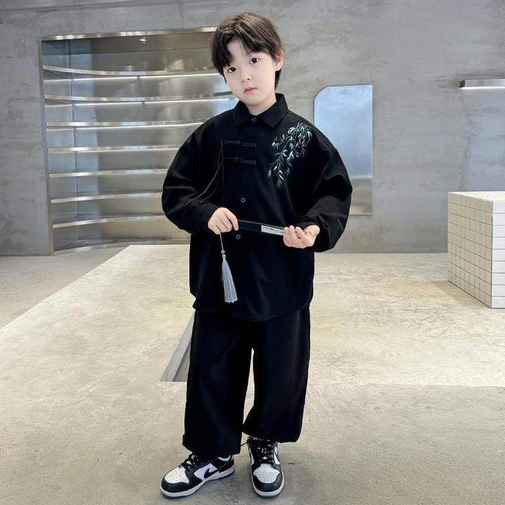 男童国潮衬衫套装秋季中大童2024新款儿童春秋装新中式唐装两件套