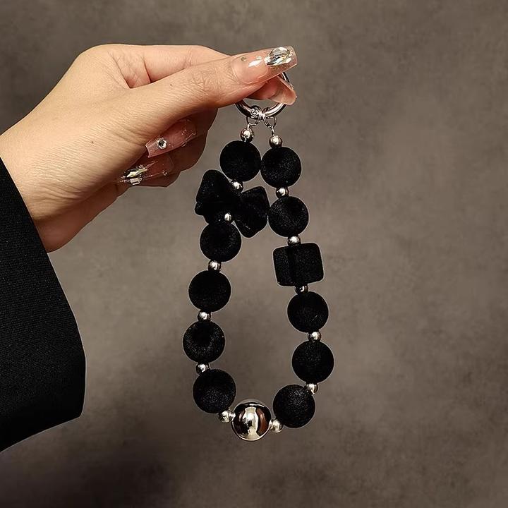 黑色丝绒珠子手提链条手腕短挂绳带夹片手机壳钥匙扣包包挂件女潮