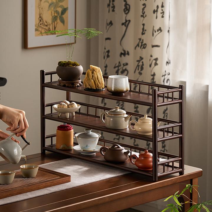 60长茶架子中式双层茶具杯壶收纳小罐茶叶摆放工艺品展示桌面竹