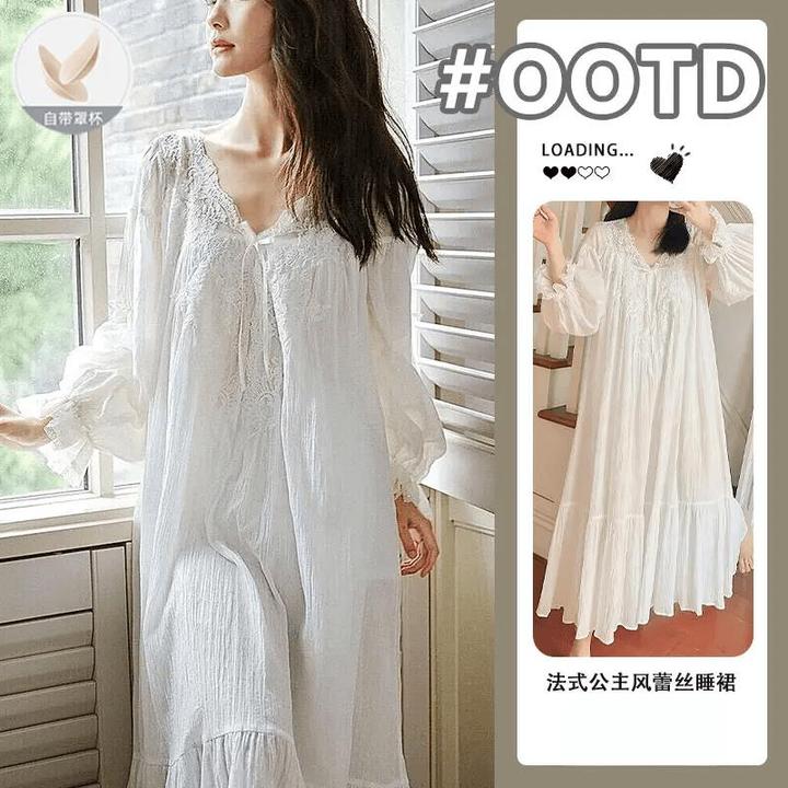 法式温柔公主风睡裙女士春秋新款长袖带胸垫复古少女连衣裙家居服