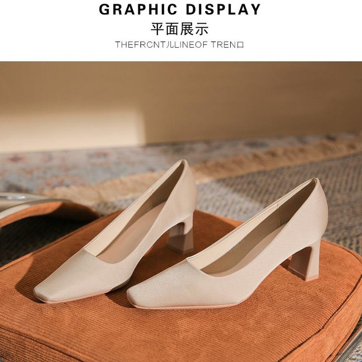 雨霏经典绸缎料方头粗跟高跟女式单鞋时尚婚鞋新娘鞋矮跟舒适女鞋