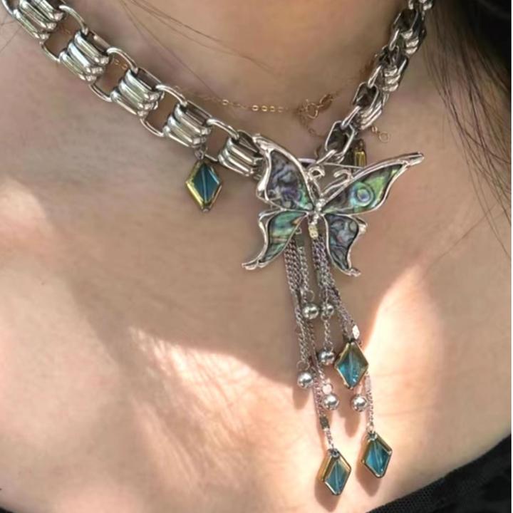 合金项链 合金项链时尚渐变蝴蝶欧美风绿色流苏设计个性蝴蝶项链