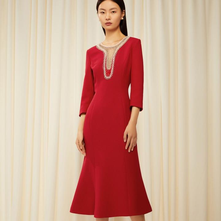 Song of Song歌中歌婚礼宴会酒红色礼服圆领连衣裙5C32505270