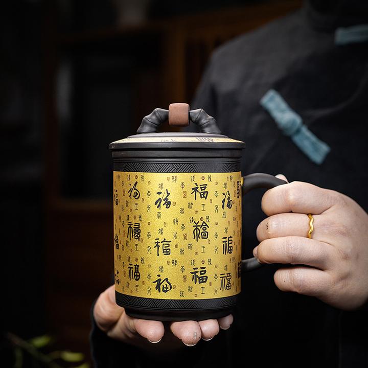 紫砂金百福办公马克杯带柄隔热茶杯带盖过滤个人水杯礼品可印LOGO