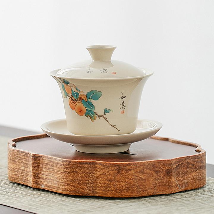 新视觉  中式复古防烫陶瓷三才盖碗家用草木灰高端功夫茶具泡茶碗