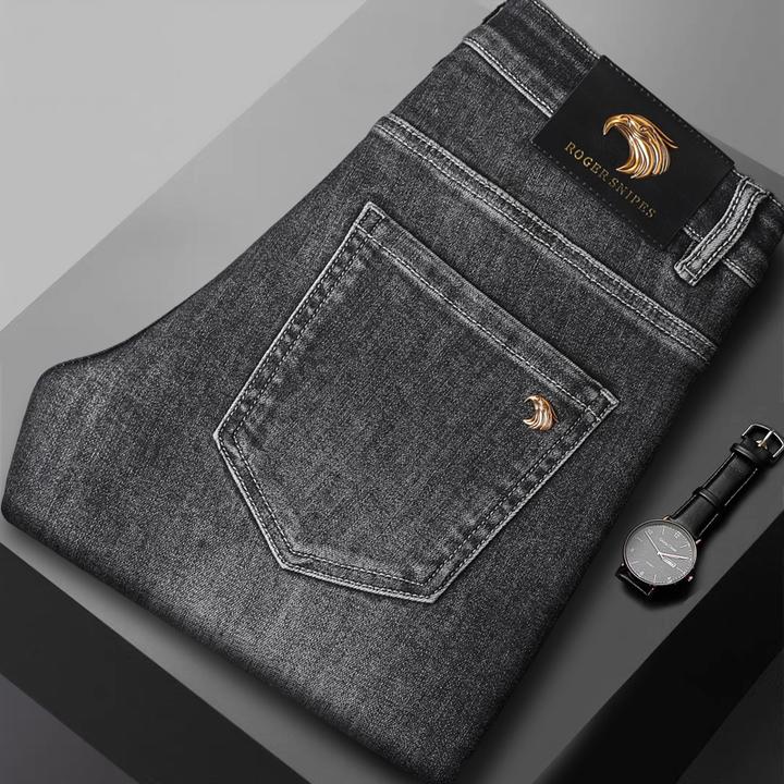 高端裤子牛仔裤2024新款男秋冬季男士牛仔裤修身小脚烟灰色