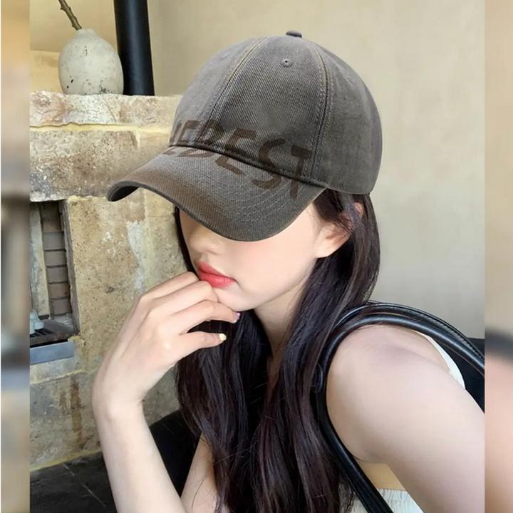 水洗做旧字母棒球帽女美式复古大头围鸭舌帽显脸小宽帽檐软顶帽子