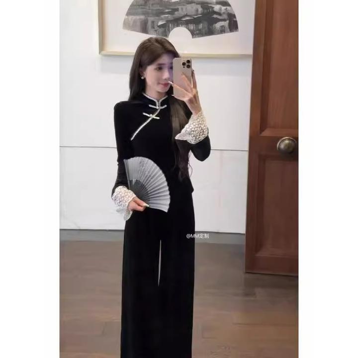 【深秋初冬】新中式国风温柔风气质套装女盘扣丝绒上衣阔腿裤两件套