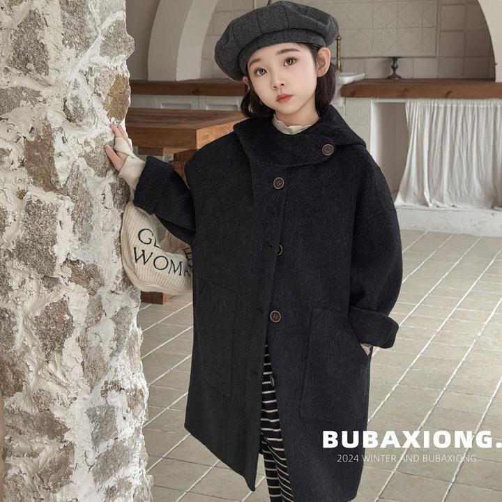 BUBAXIONG 韩版时尚2025中性童装双面羊毛大衣中长款秋冬连帽冬季