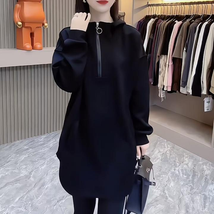 新款冬季拉链长袖宽松显瘦中长款遮屁股时尚连帽套头卫衣女加绒