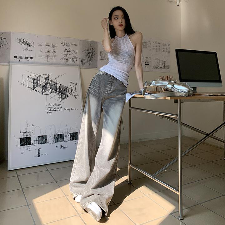 美式拽姐摩卡灰水洗阔腿牛仔裤女2025春夏高腰宽松垂感高街拖地裤