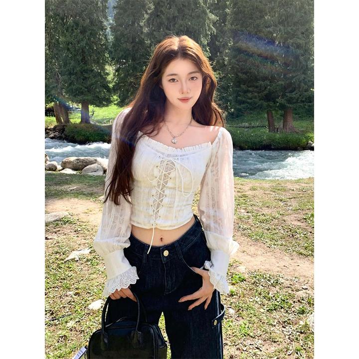 2024早秋新款法式时尚露肩设计感长袖显瘦衬衫上衣高腰直筒牛仔裤