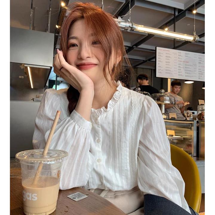 西西里安 春装限定~法式复古暗条纹木耳边衬衫女小个子气质衬衣