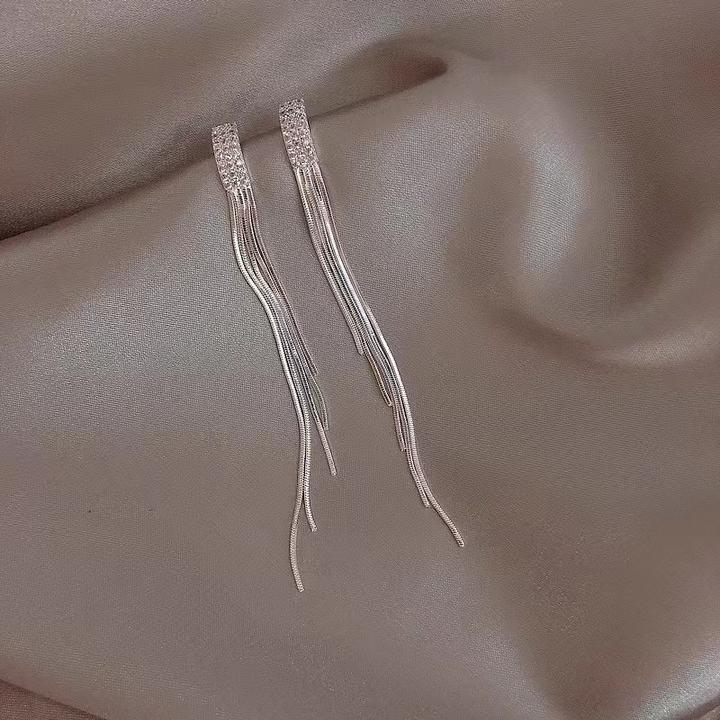 合金耳饰 s925银针长款流苏锆石耳饰网红气质流苏款高级设计爆款
