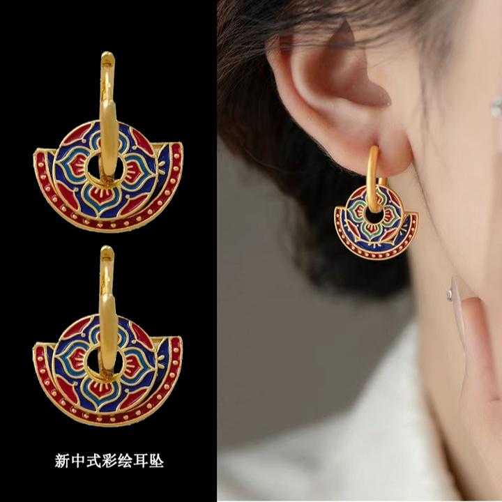 铜合金珐琅耳饰 新中式气质彩绘滴釉耳环女设计国潮耳钉小众轻奢