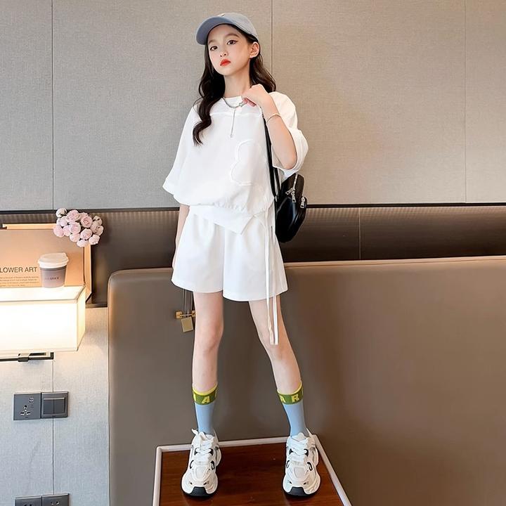 女童中大童不规矩上衣短裤两件套2025夏季新款女孩T恤五分裤套装