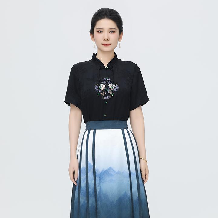 中式立领绣花气质夏季气质提花女上衣短袖通勤端云衬衫BCL181125