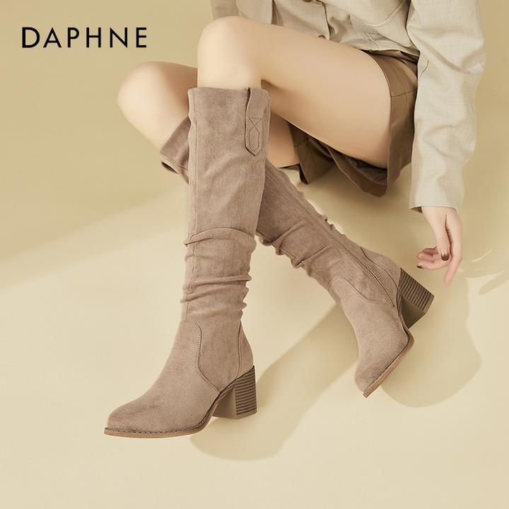达芙妮粗跟长筒靴女2025年秋冬新款时尚百搭高筒靴加绒复古堆堆靴