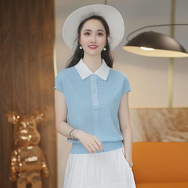 韩版假两件拼接翻领短袖针织衫女2026年夏季新款宽松遮肉打底上衣