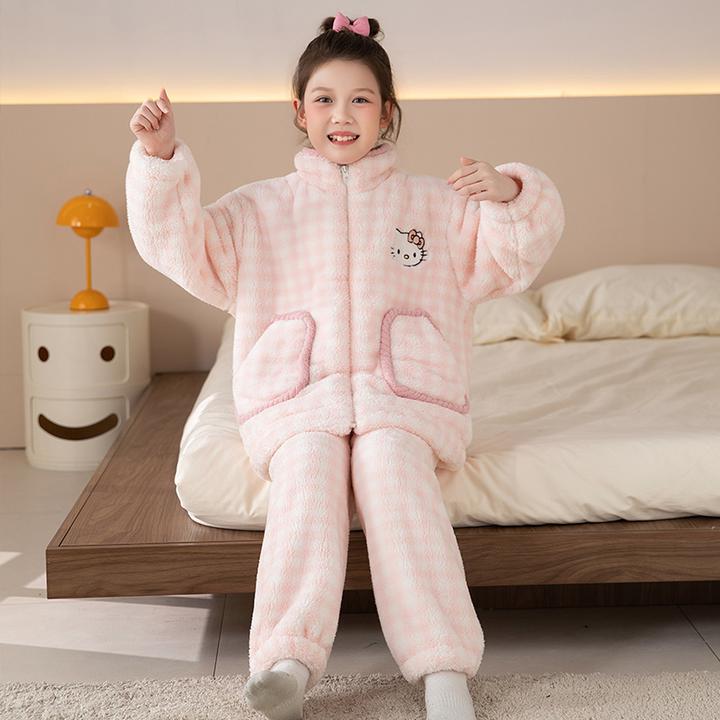 猫人法兰绒儿童家居服中大童加绒加厚外穿男女孩秋冬开衫睡衣童装
