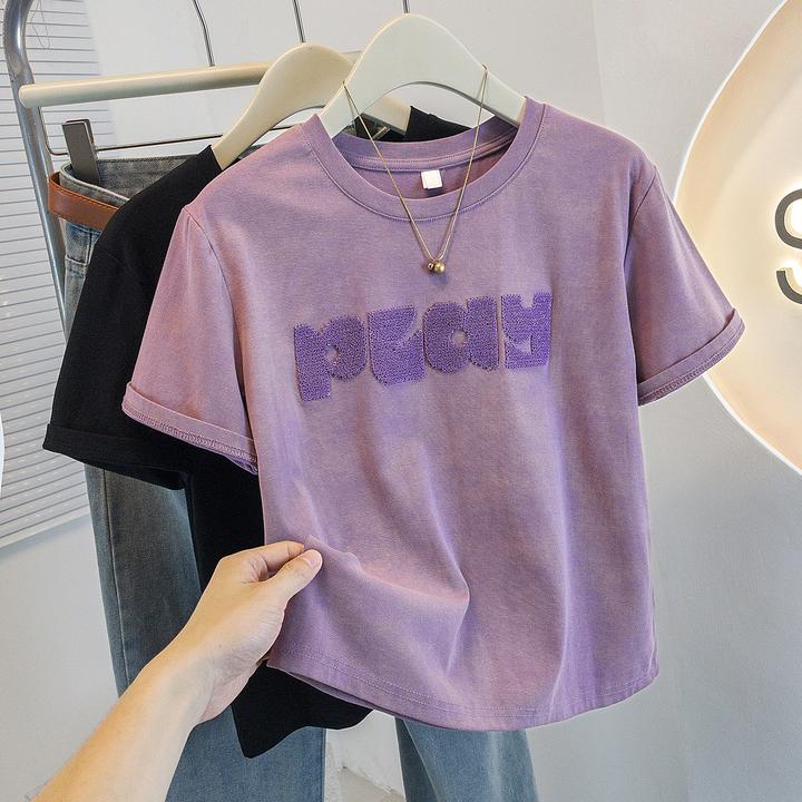 yoewshean/羽媗微胖mm大码女装圆领字母刺绣短袖t恤显瘦遮肉上衣