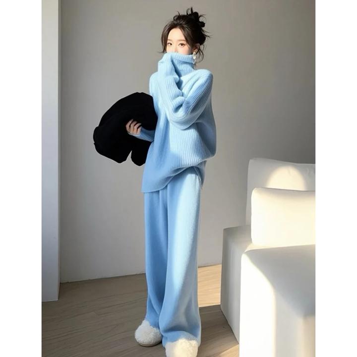 冬装搭配一整套高级感慵懒松弛感蓝色高领毛衣休闲套装女外穿时尚