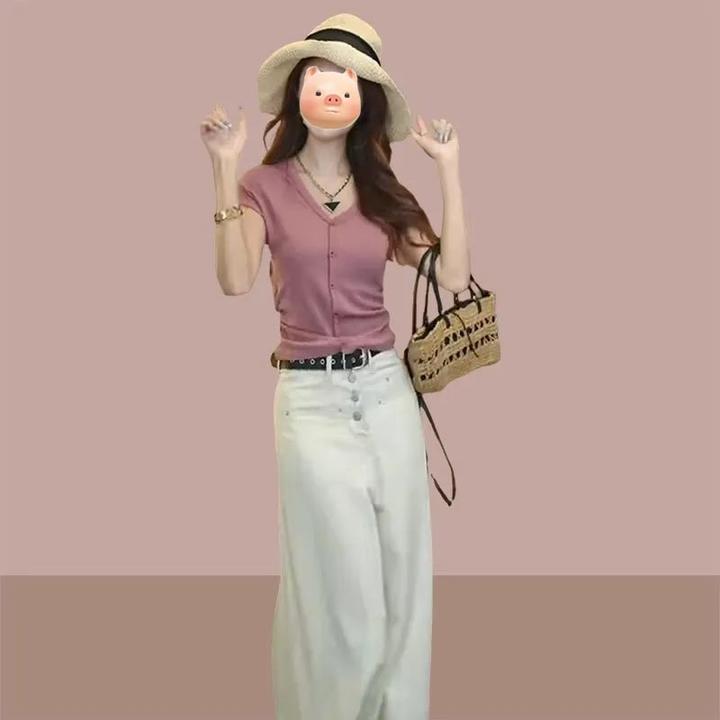 2025年夏季新款T恤牛仔裤时尚百搭小众设计感短袖裤子两件套女装