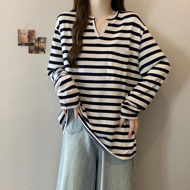 实拍~2025春装新款胖妹妹V领条纹打底衫长袖上衣宽松显瘦大码T恤