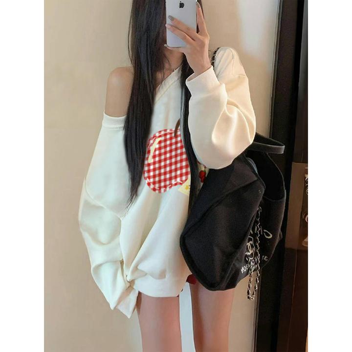 纯棉美式露肩斜肩无帽卫衣女春秋薄款苹果印花休闲宽松百搭上衣服