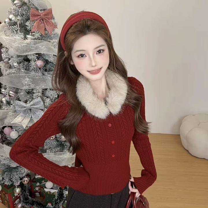 K372高级感绞花毛领套头厚毛衣女冬装韩系绝美针织衫内搭上衣