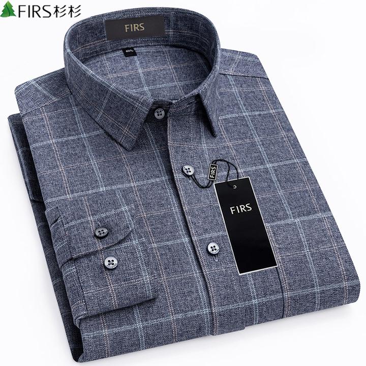 杉杉磨毛秋冬季商务休闲格子衬衣翻领高级纯棉修身长袖衬衫男士