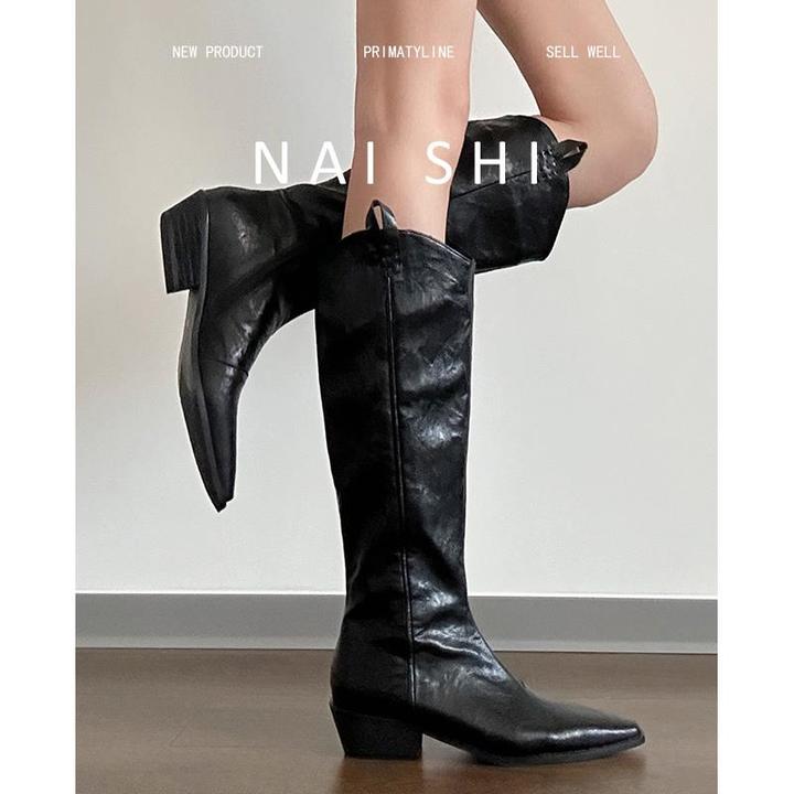 超软！！正品粗跟不过膝长靴女尖头口套筒骑士靴复古高筒西部靴