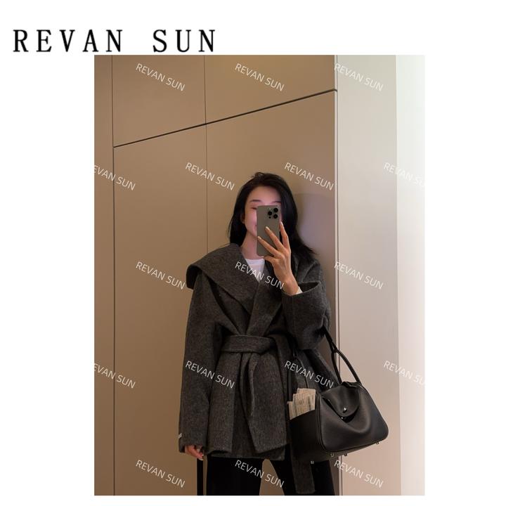 REVANSUN-大骨架穿搭  牦牛绒连帽腰带款大衣25673