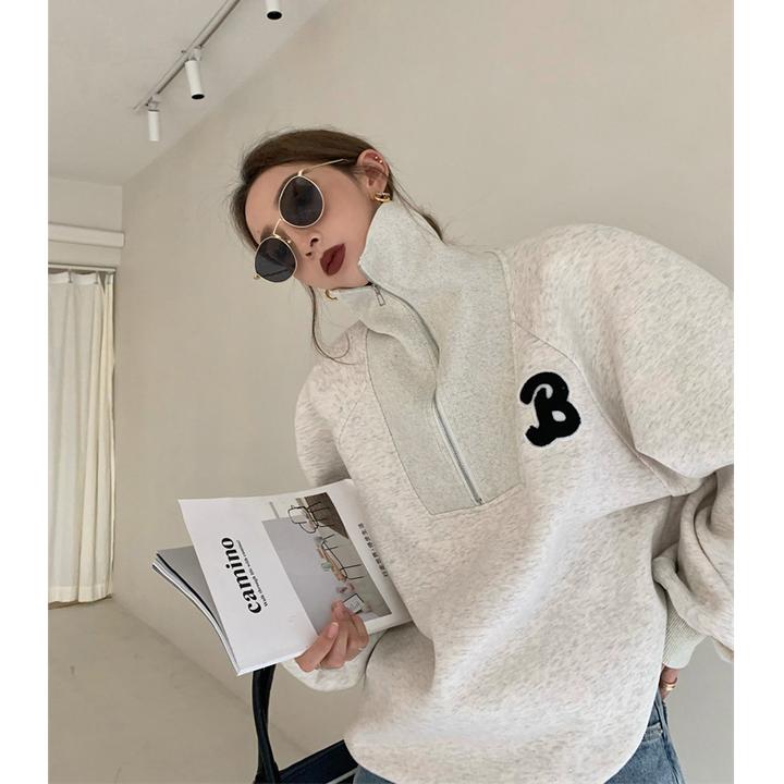 美式复古宽松慵懒立领拉链卫衣女oversize小众高街潮牌ins外套头