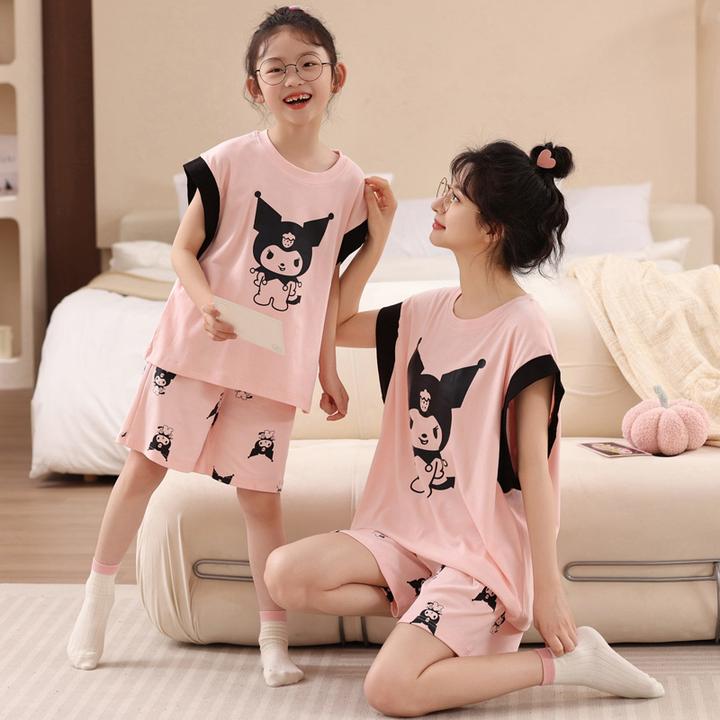 新款纯棉母女卡通短袖短裤薄款套装女亲子睡衣家居服女士夏季韩版