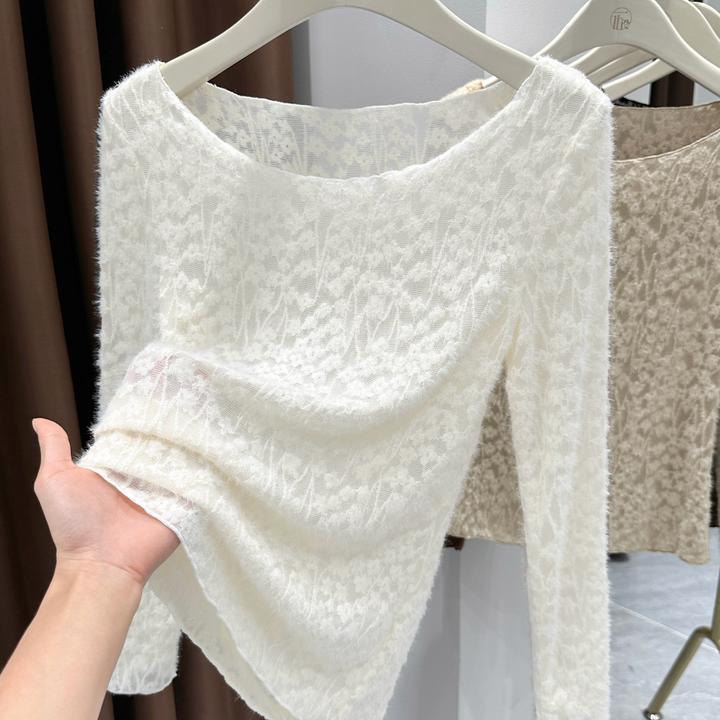 简约日常百搭内搭打底衫2025冬季薄款纯色修身长袖圆领蕾丝衫女