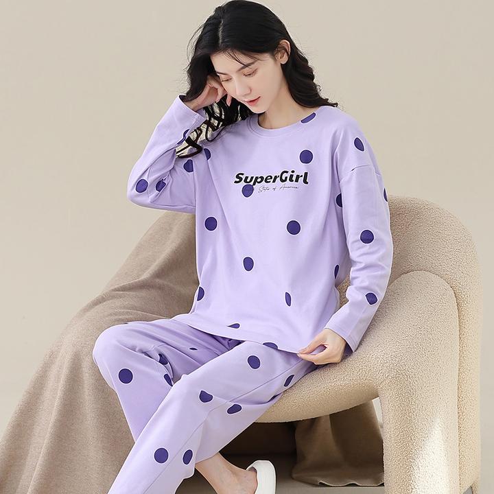 单面纯棉加厚睡衣女秋冬季圆领长袖长裤套装可外穿简约休闲家居服