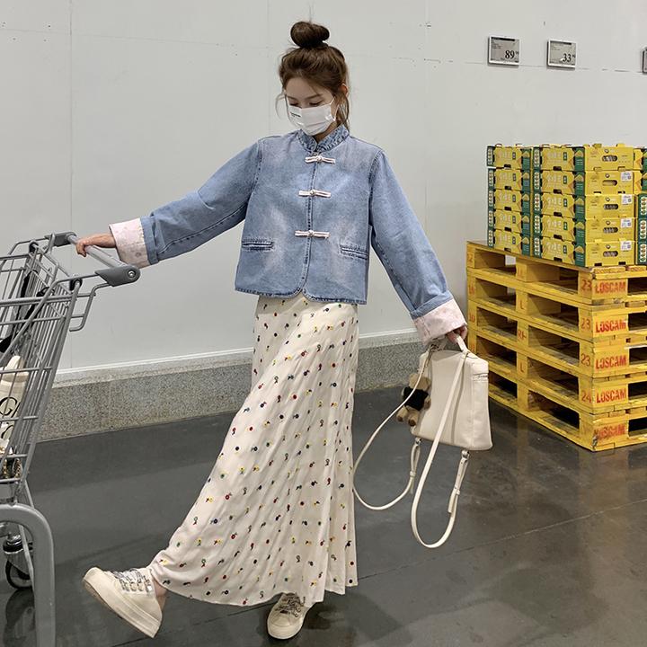 新中式宽松甜美撞色牛仔外套女2025秋季新款国风盘扣设计感善上衣